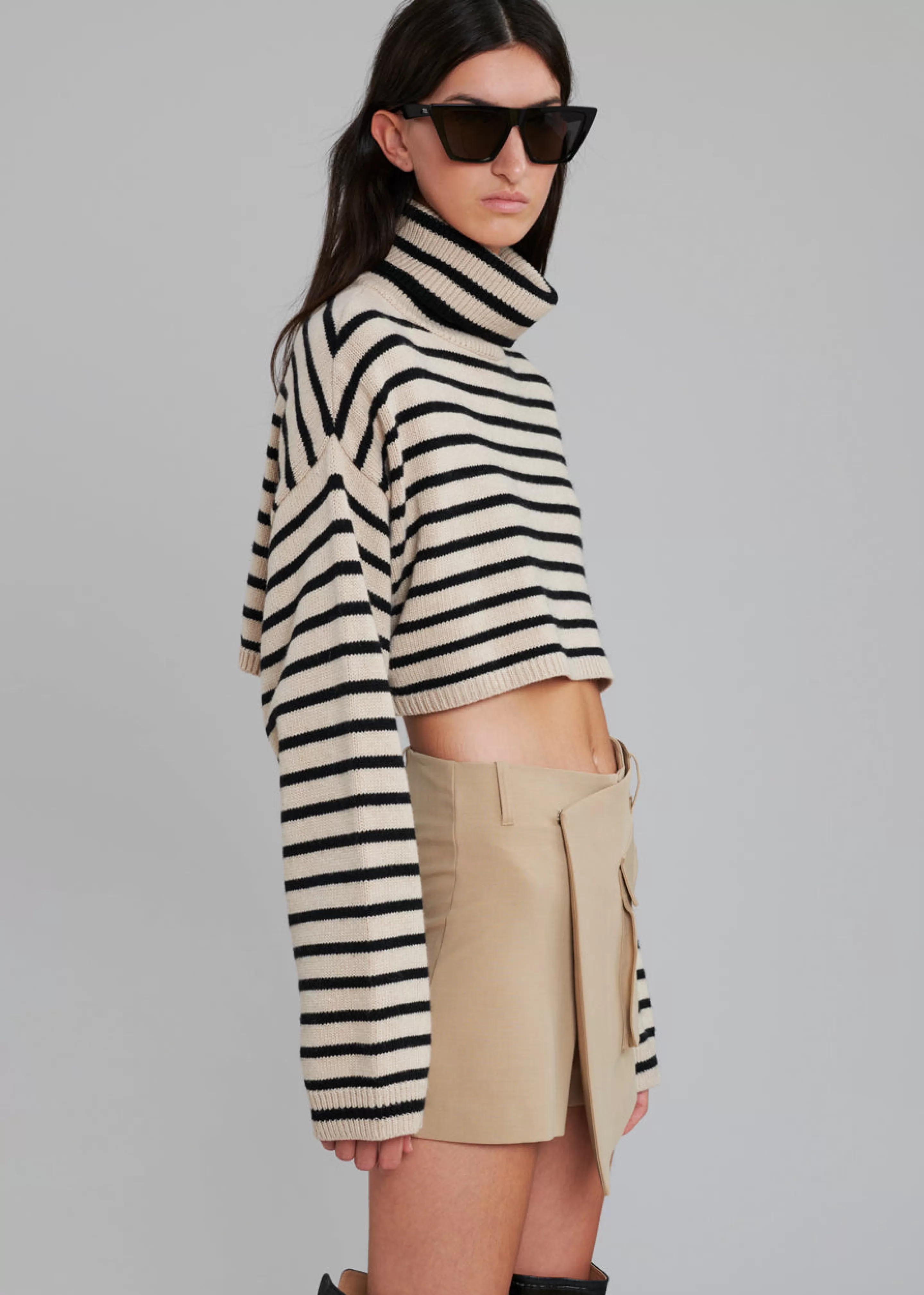 Knitwear | The Frankie Shop Athina Cropped Turtleneck Sweater Beige Stripe