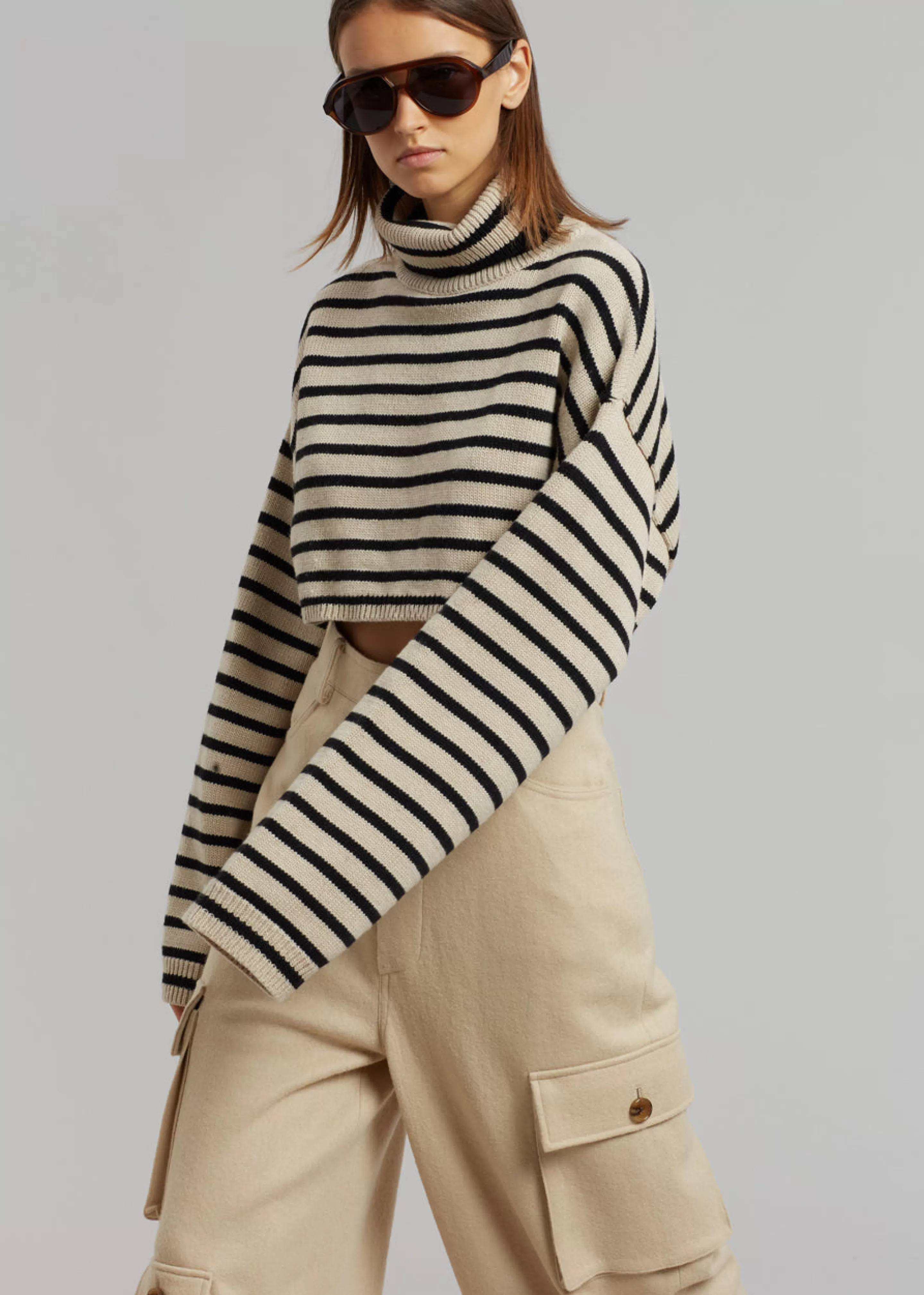 Knitwear | The Frankie Shop Athina Cropped Turtleneck Sweater Beige Stripe