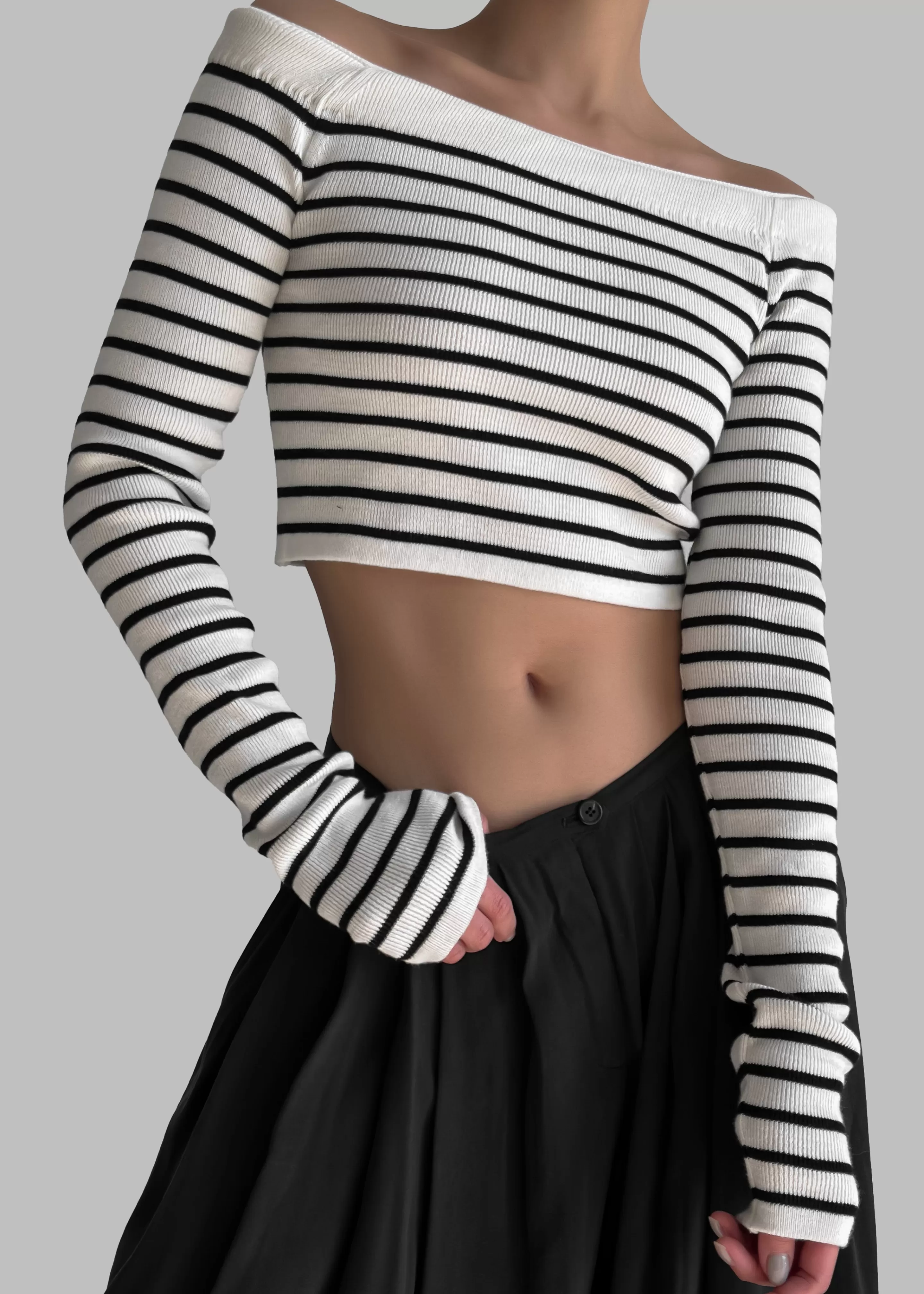 Knitwear | The Frankie Shop Coco White Off Shoulder Sweater Black Stripe