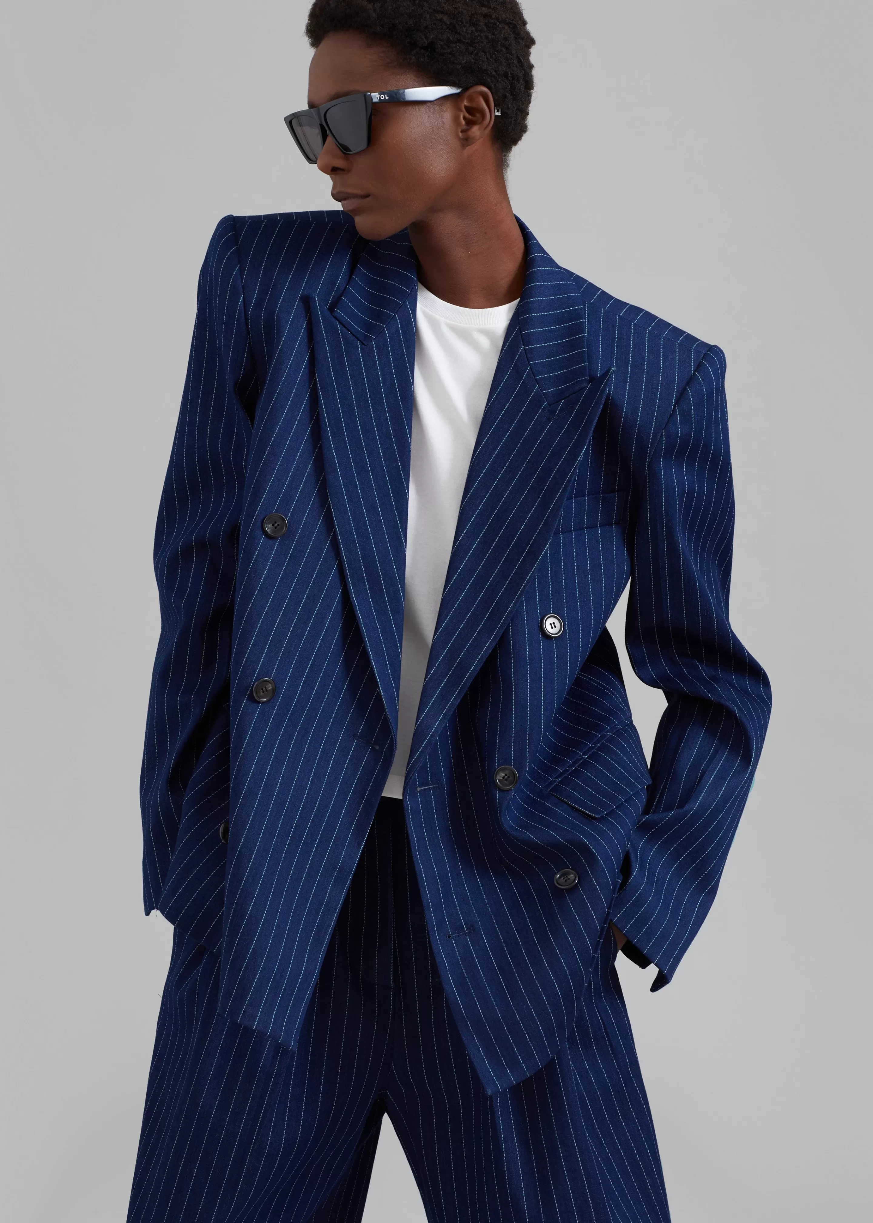 Outerwear | The Frankie Shop Fargo Oversized Denim Padded Blazer Navy Pinstripe