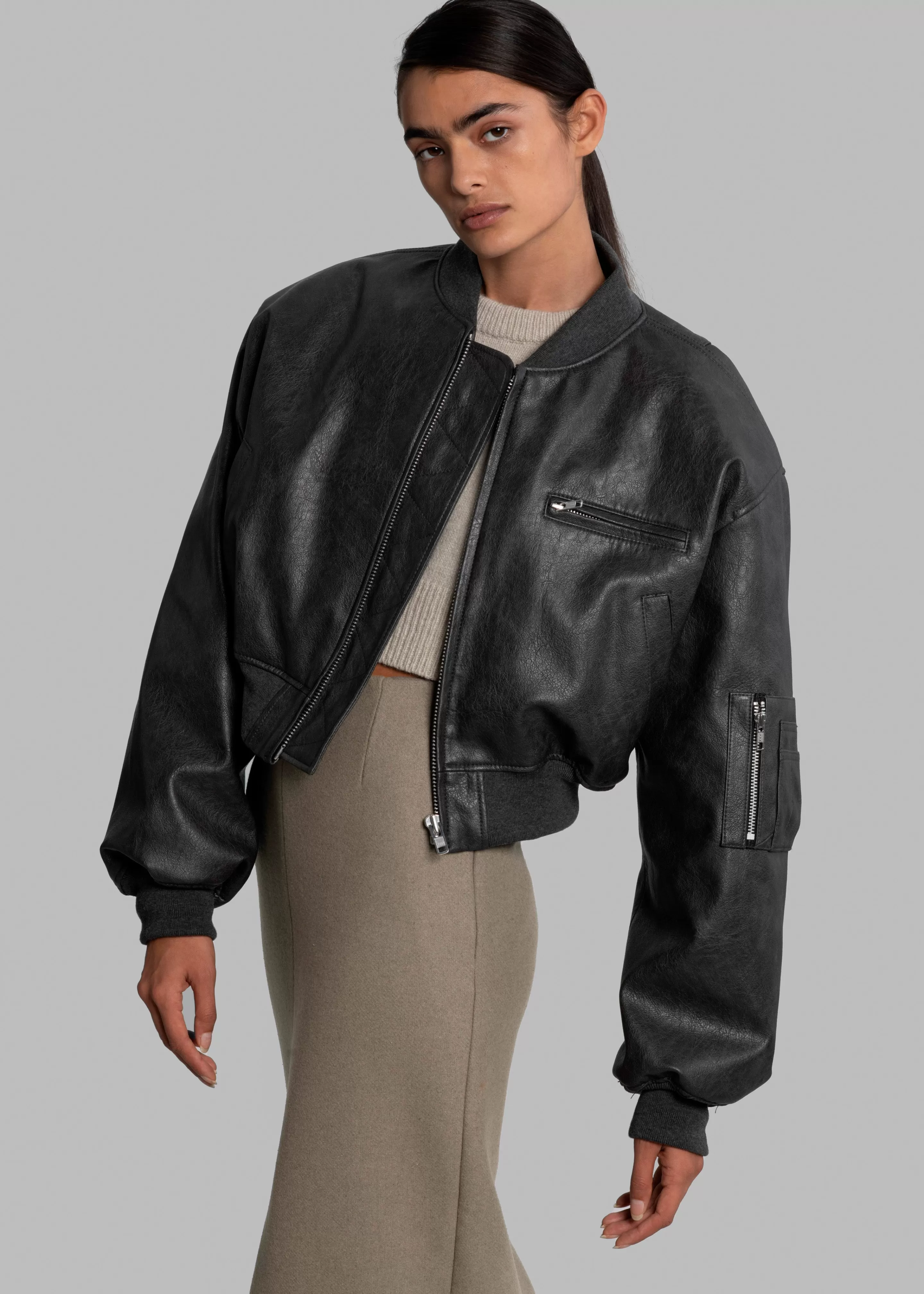 Outerwear | The Frankie Shop Gae Faux Leather Cropped Bomber Charcoal