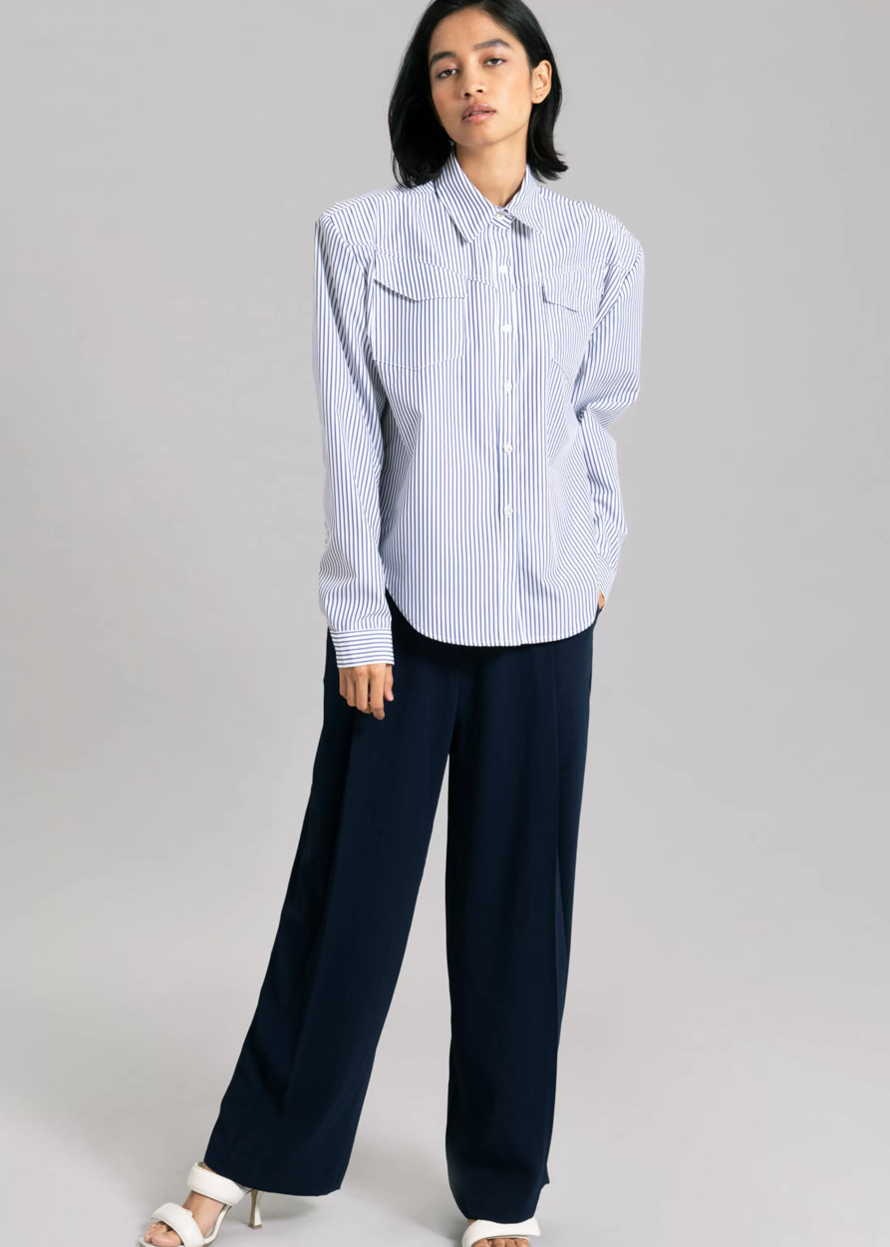 Tops | The Frankie Shop Jeanne Padded Shirt Navy Stripe