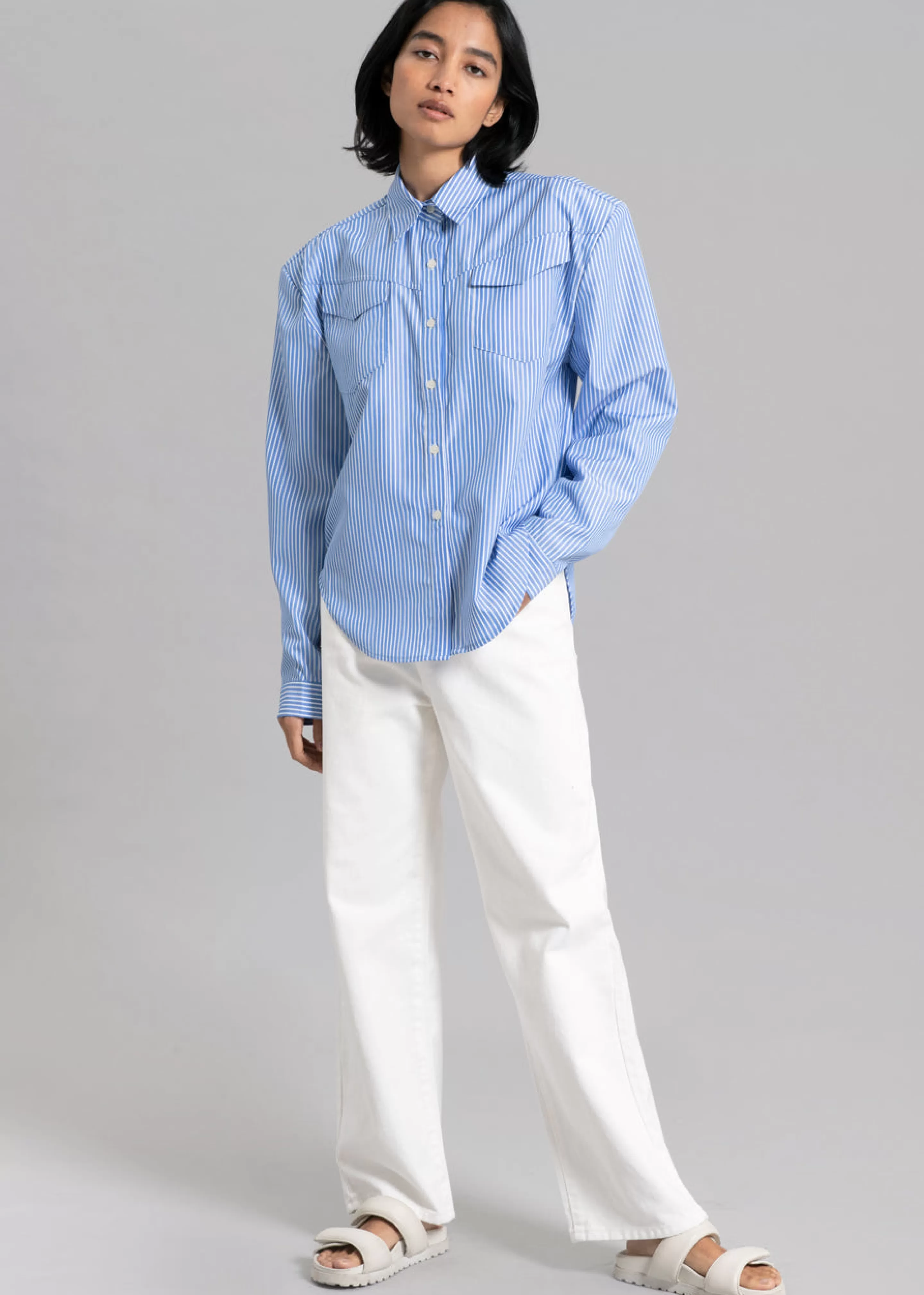 Tops | The Frankie Shop Jeanne Padded Shirt White Stripe