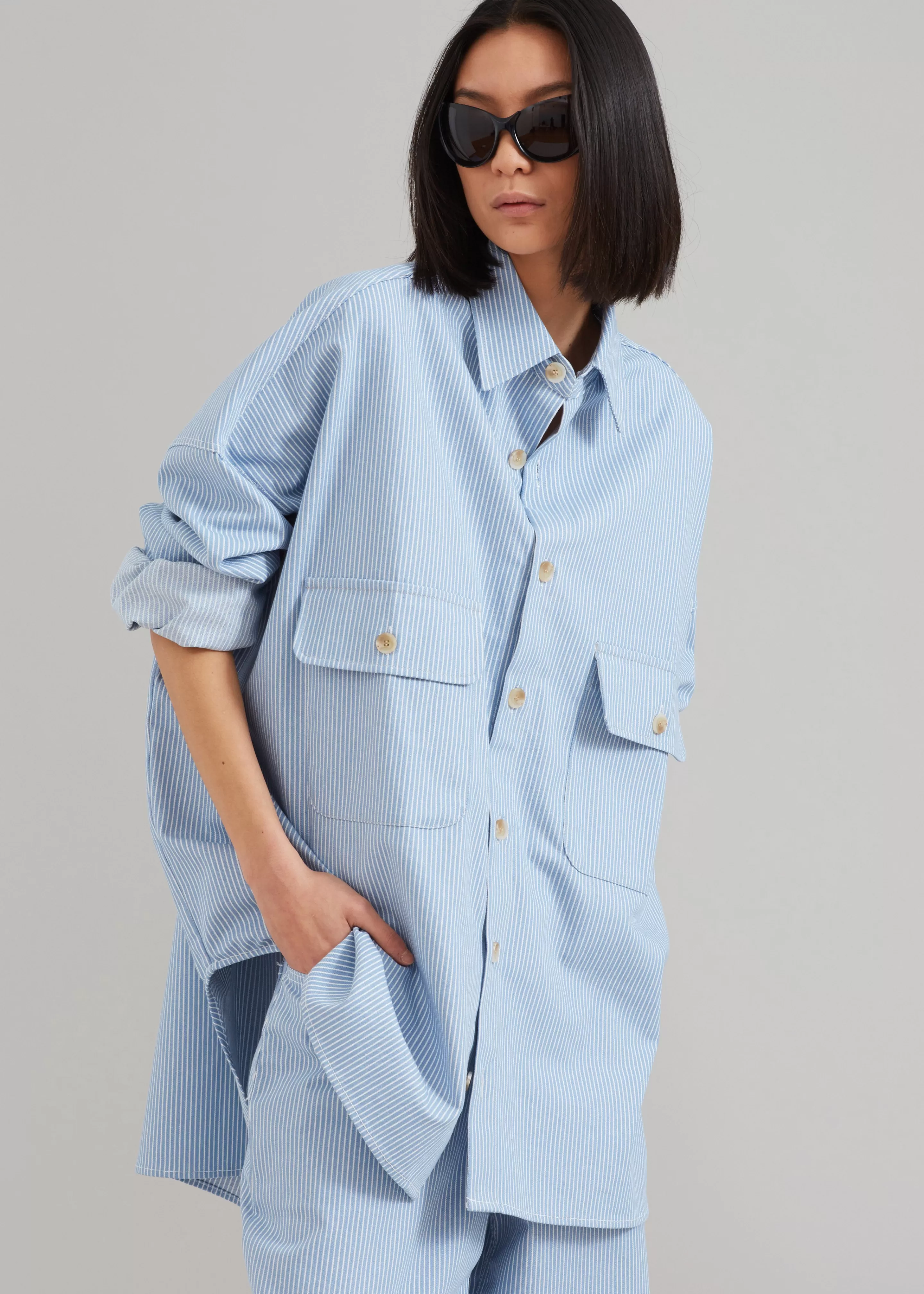 Tops | The Frankie Shop Kaline Light Blue Pocket Shirt White Stripe