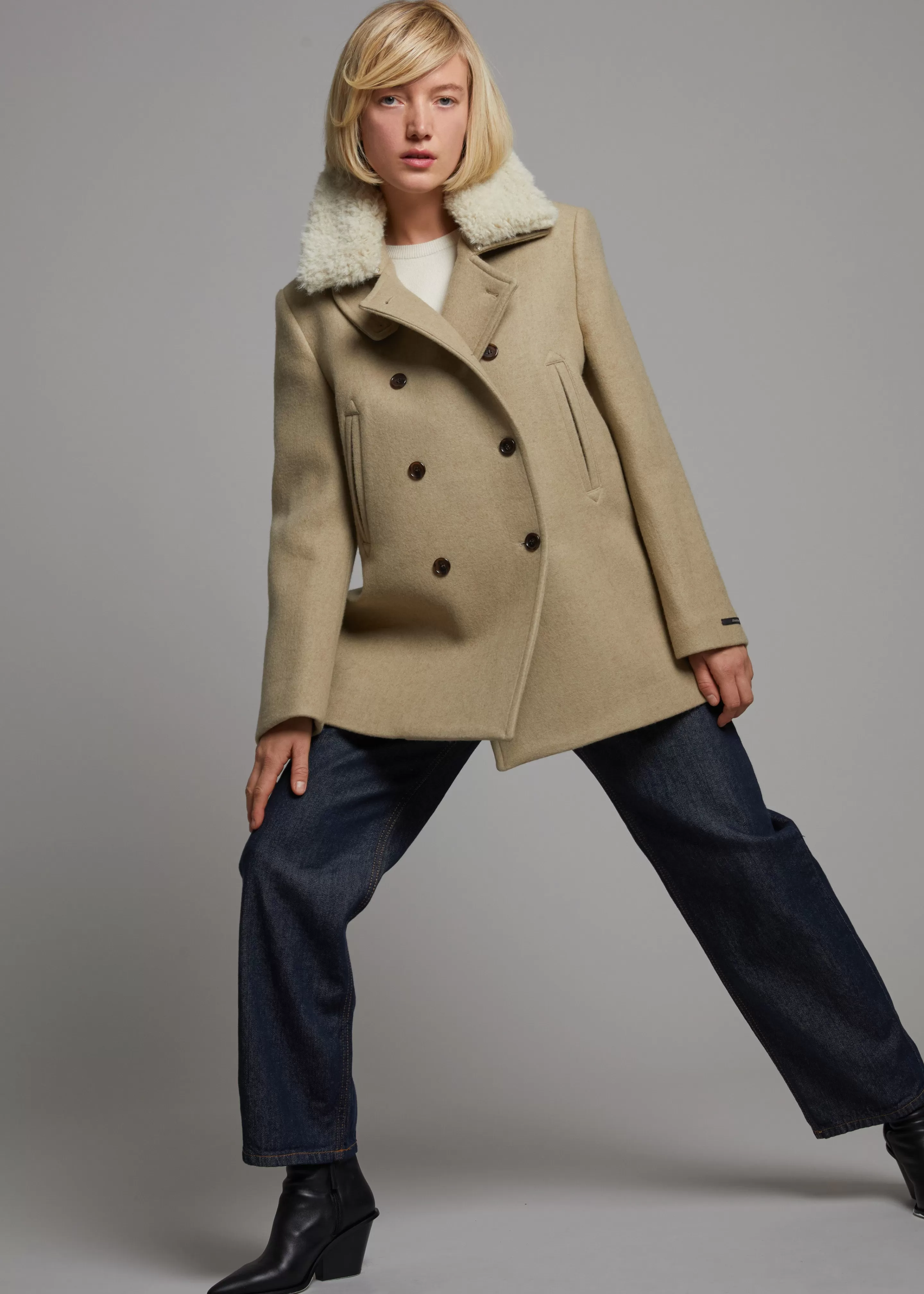 Outerwear | The Frankie Shop Kimmo Faux Fur Collar Peacoat Beige