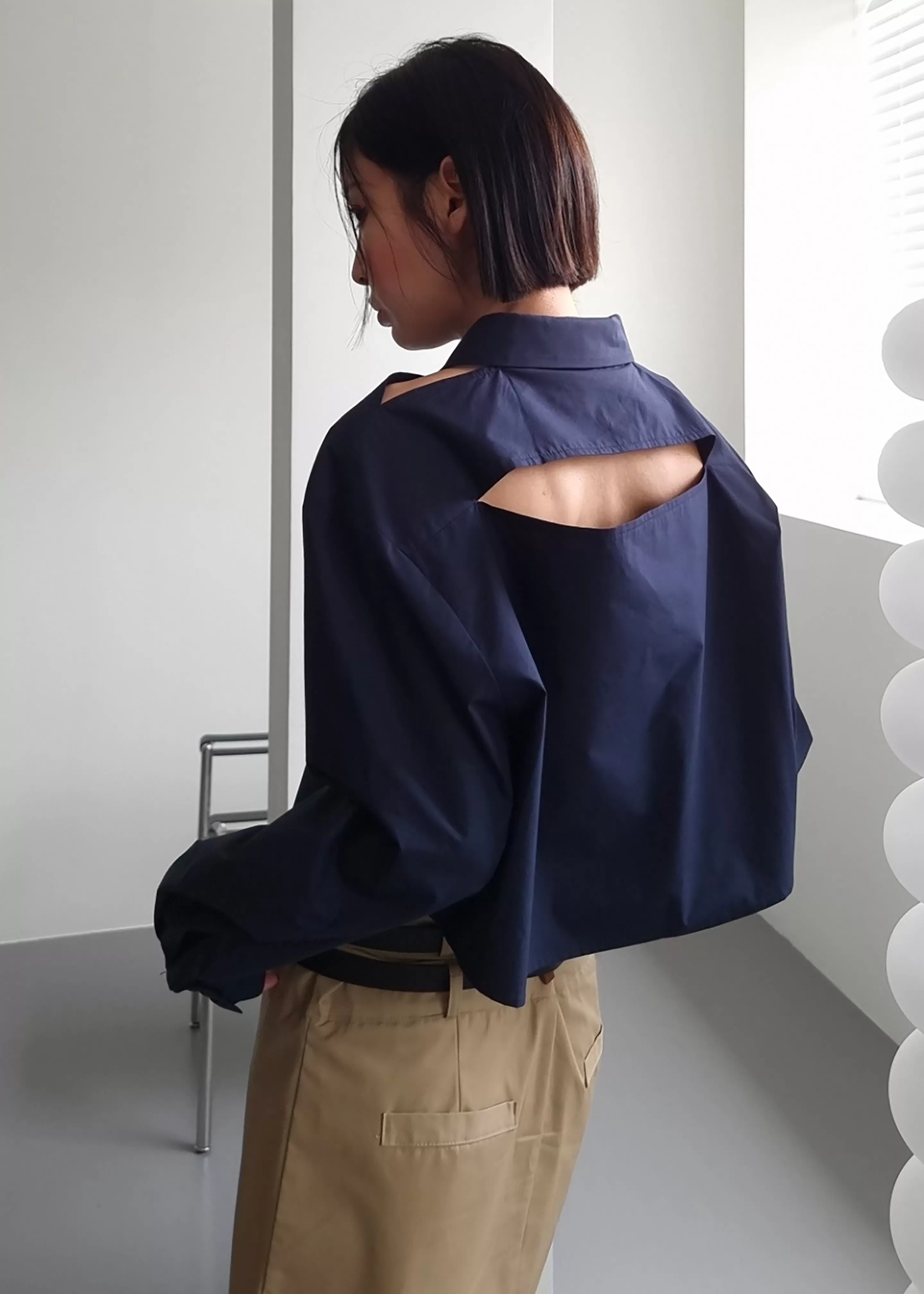 Tops | The Frankie Shop Lara Open Shoulder Cropped Shirt Navy