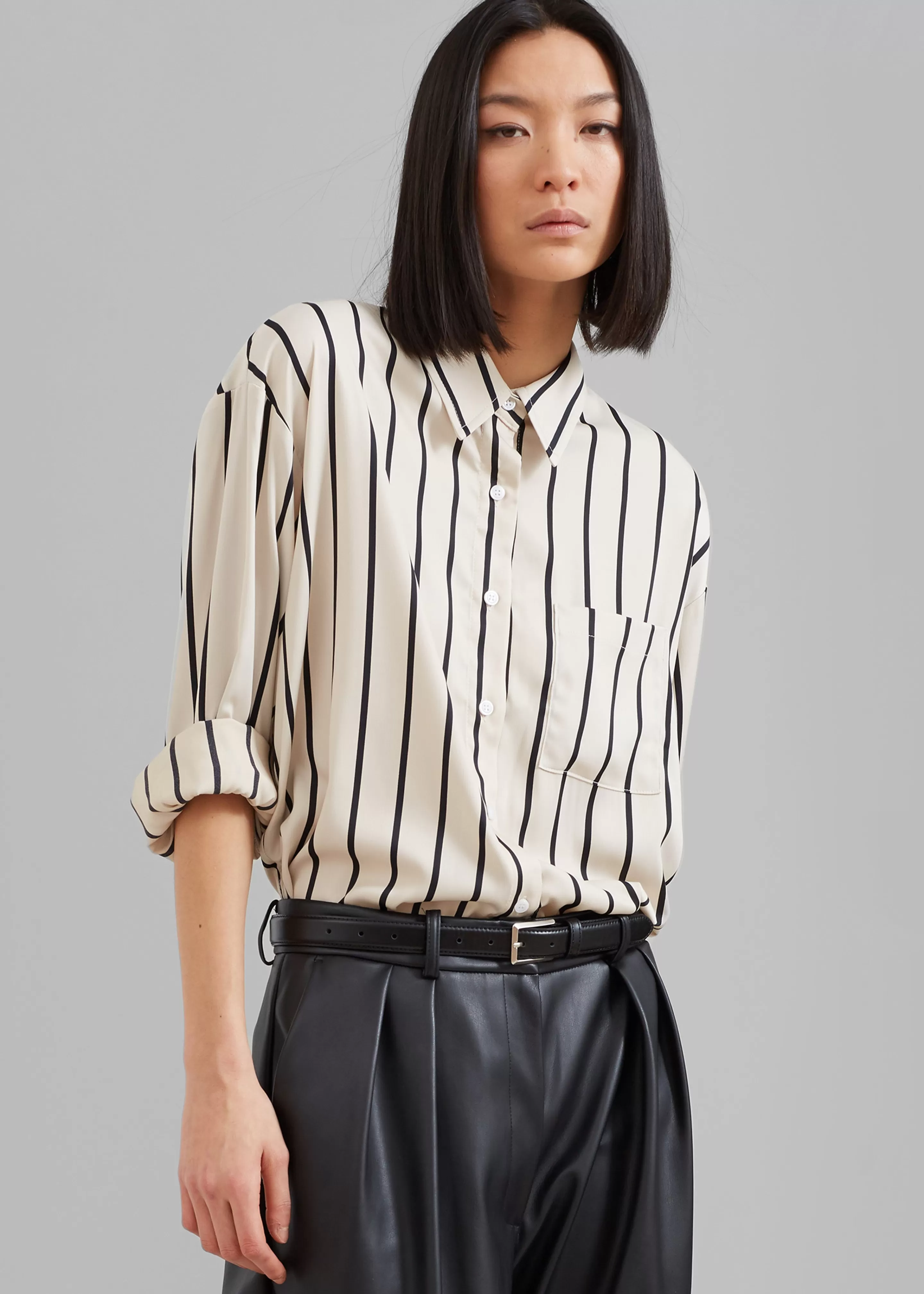 Tops | The Frankie Shop Lui Satin Shirt Black Stripe