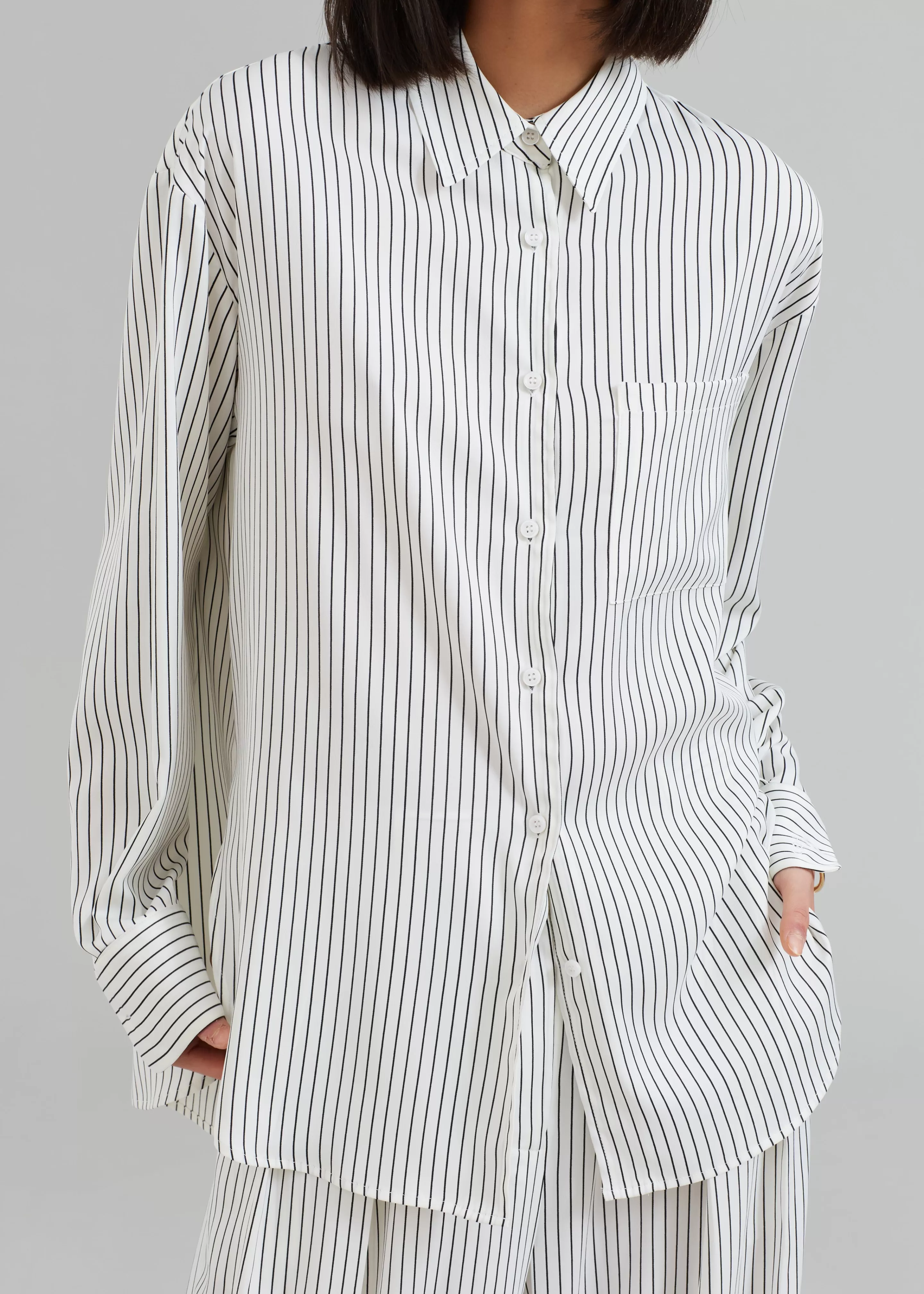 Tops | The Frankie Shop Lui Satin Shirt White Pinstripe