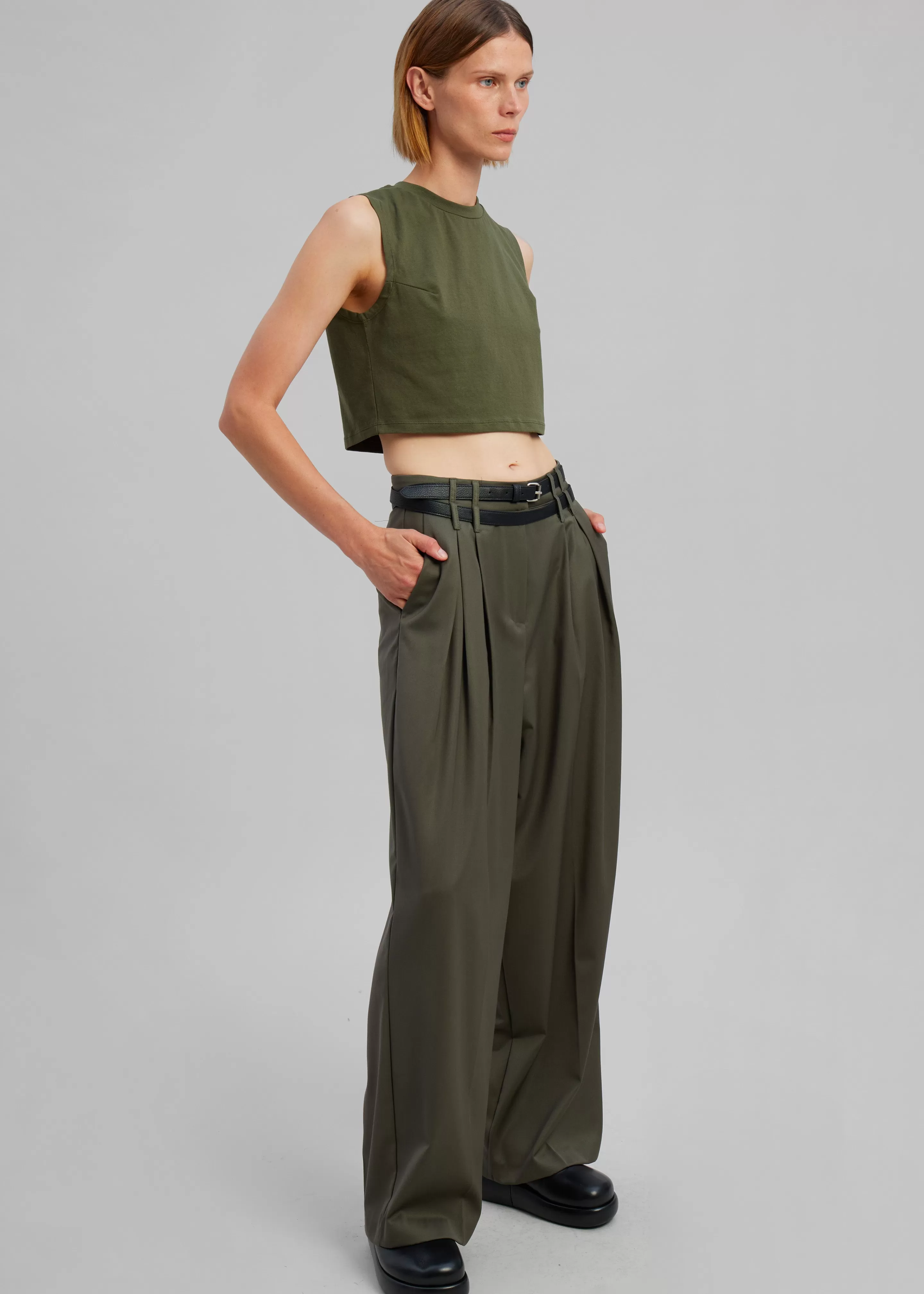 Bottoms | The Frankie Shop Nellie Belted Pleated Pants Olive