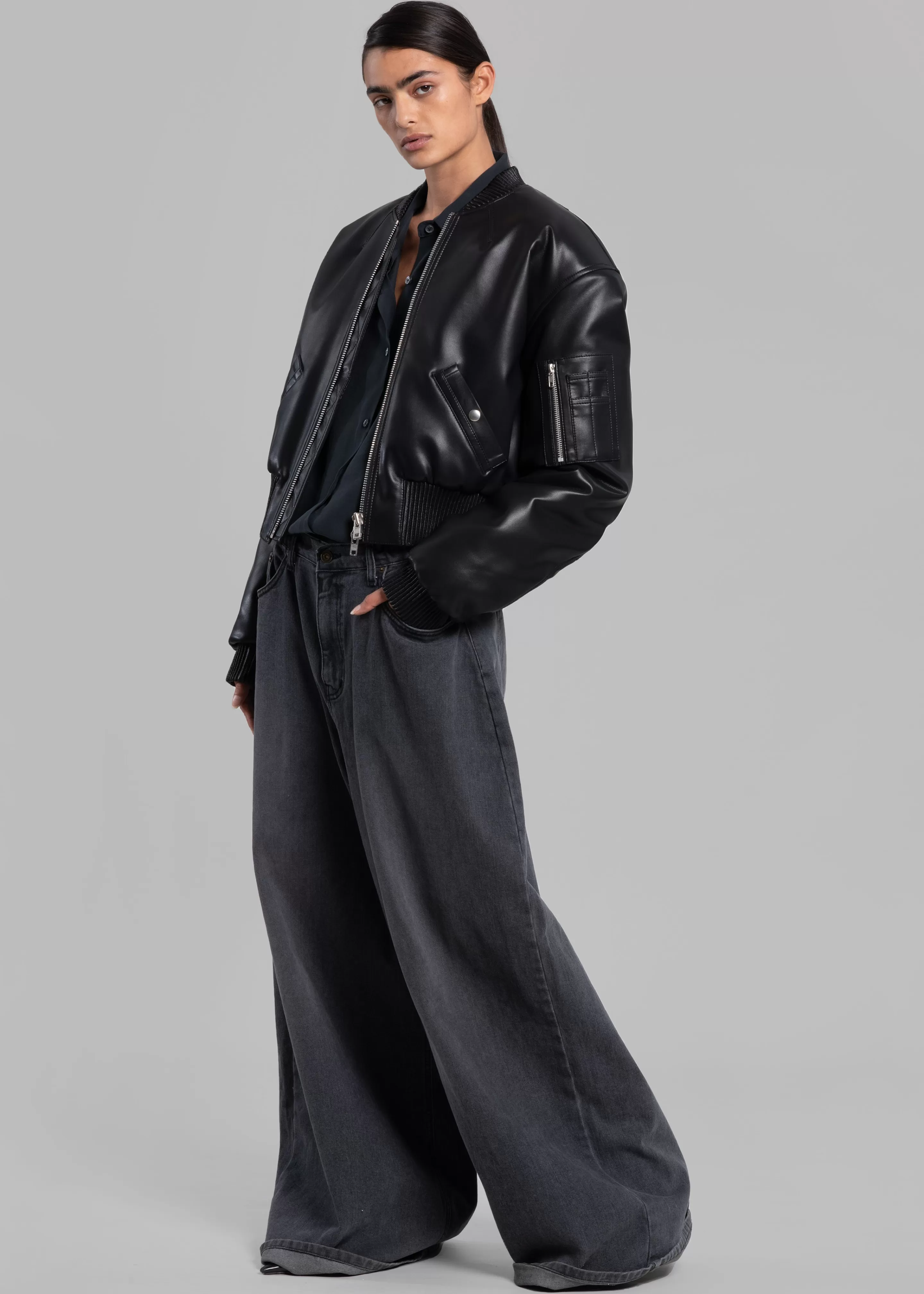 Outerwear | The Frankie Shop Sille Faux-Leather Cropped Bomber Black