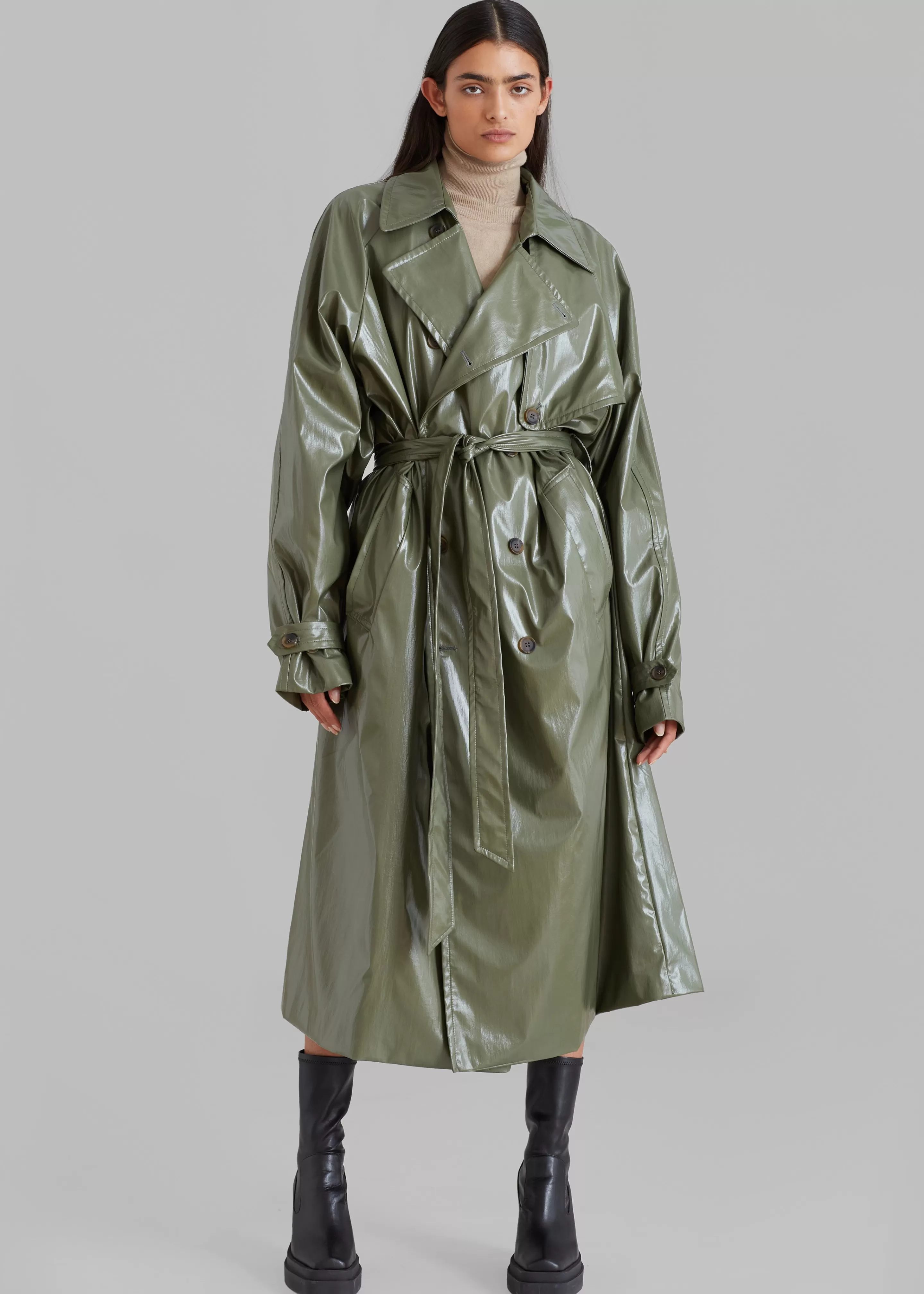 Outerwear | The Frankie Shop Sue Vinyl Trench Coat Green