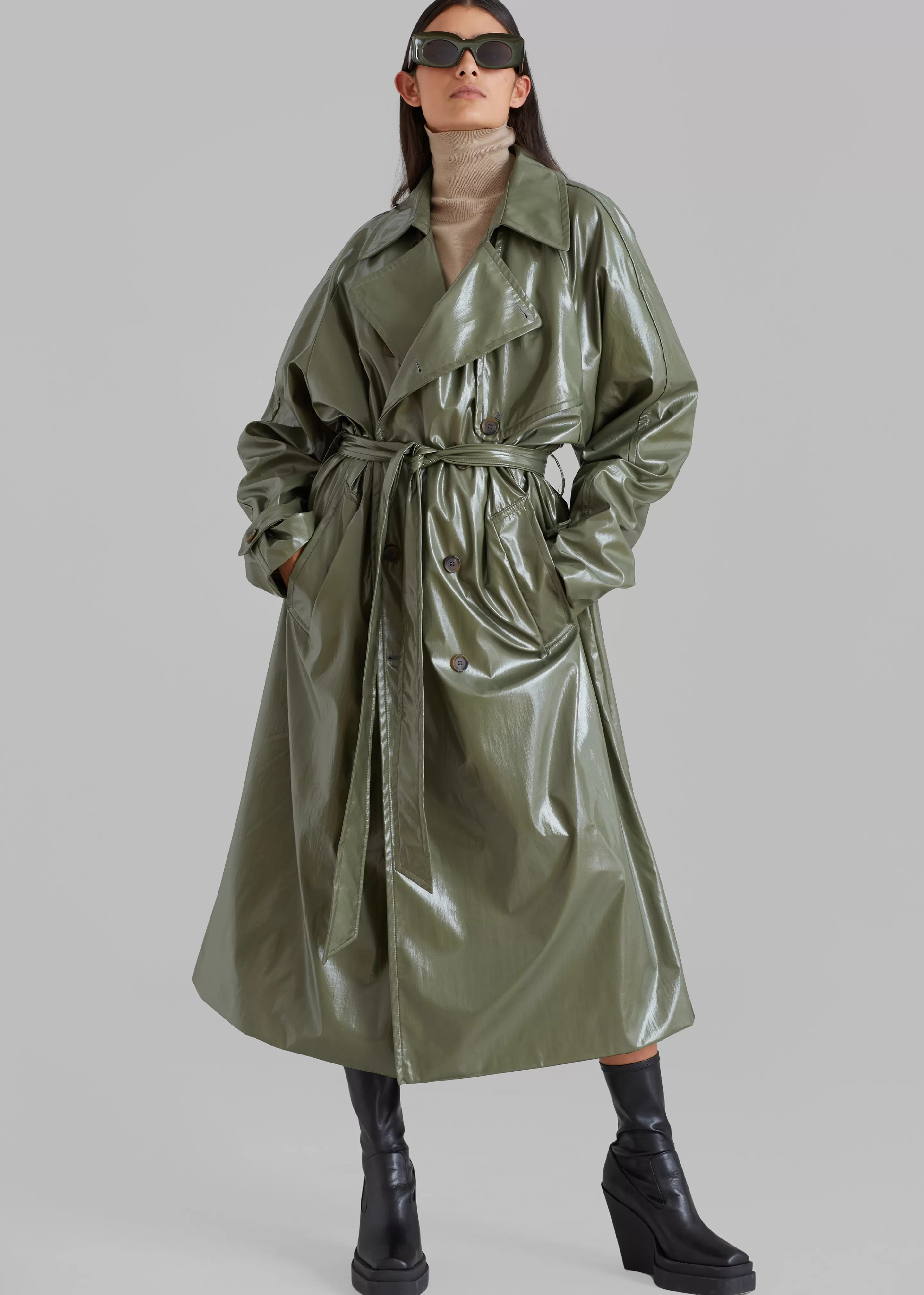 Outerwear | The Frankie Shop Sue Vinyl Trench Coat Green