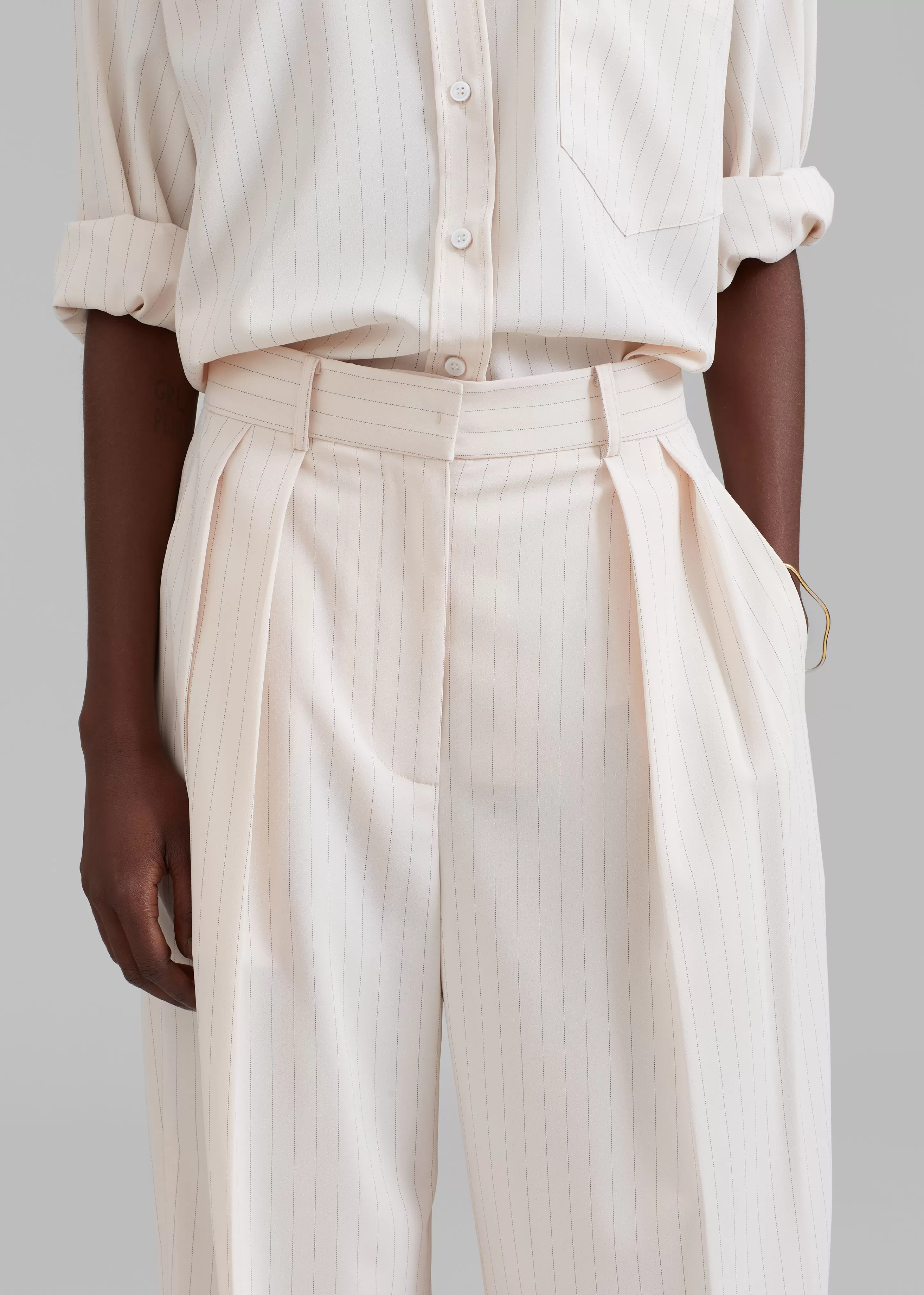 Bottoms | The Frankie Shop Tansy Fluid Pleated Trousers Beige Pinstripe