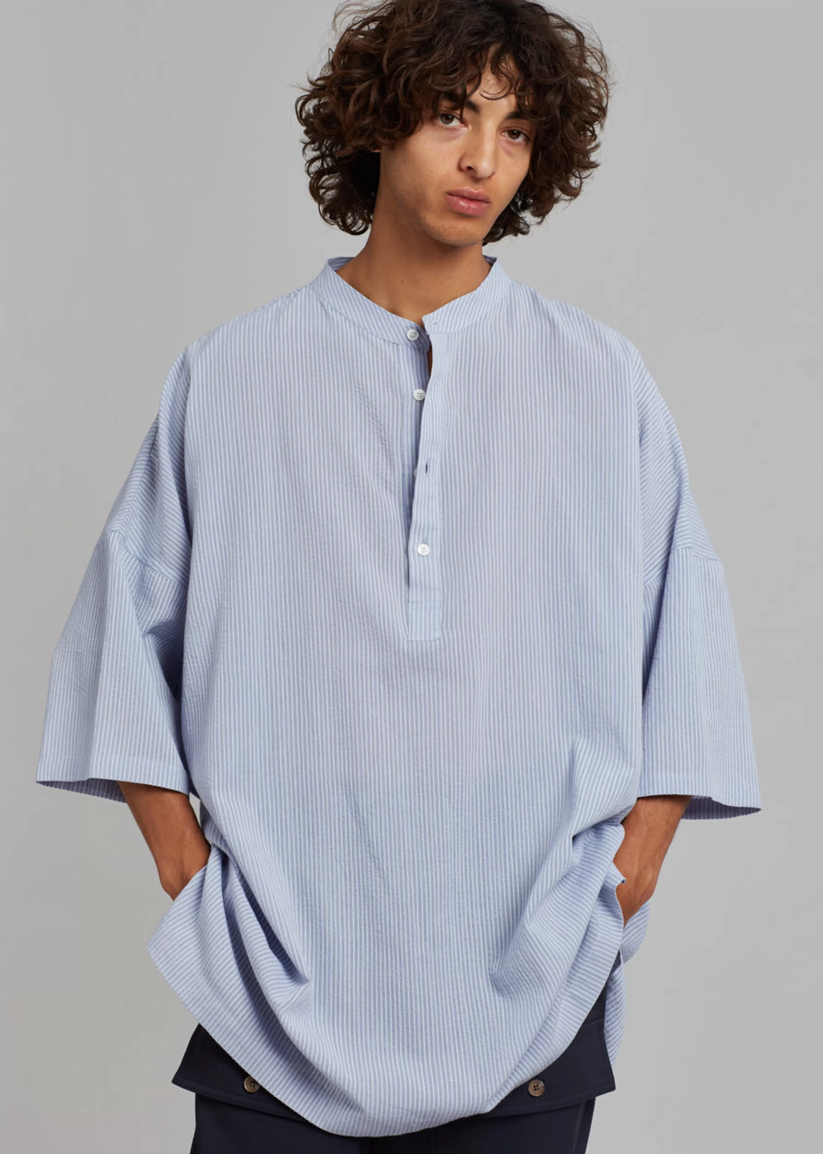 Tops | The Frankie Shop Teo Oversized Collarless Shirt Light Blue