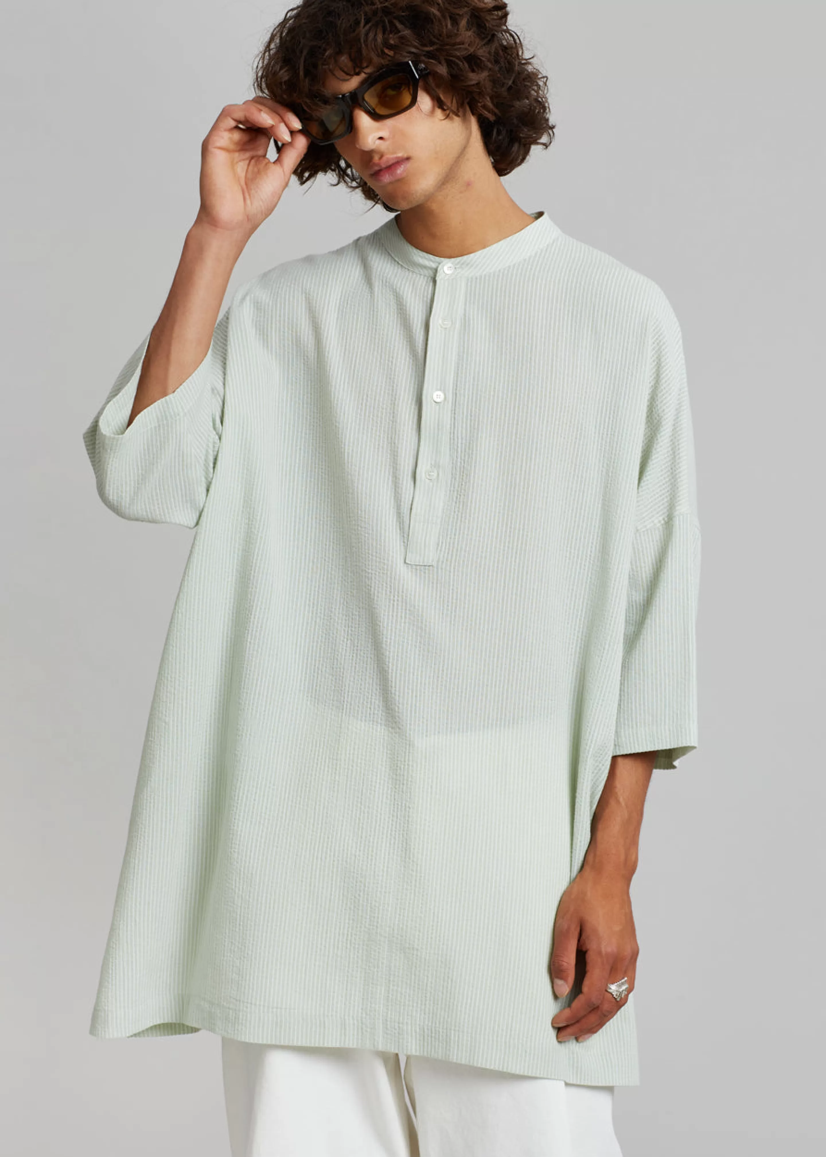 Tops | The Frankie Shop Teo Oversized Collarless Shirt Light Celadon