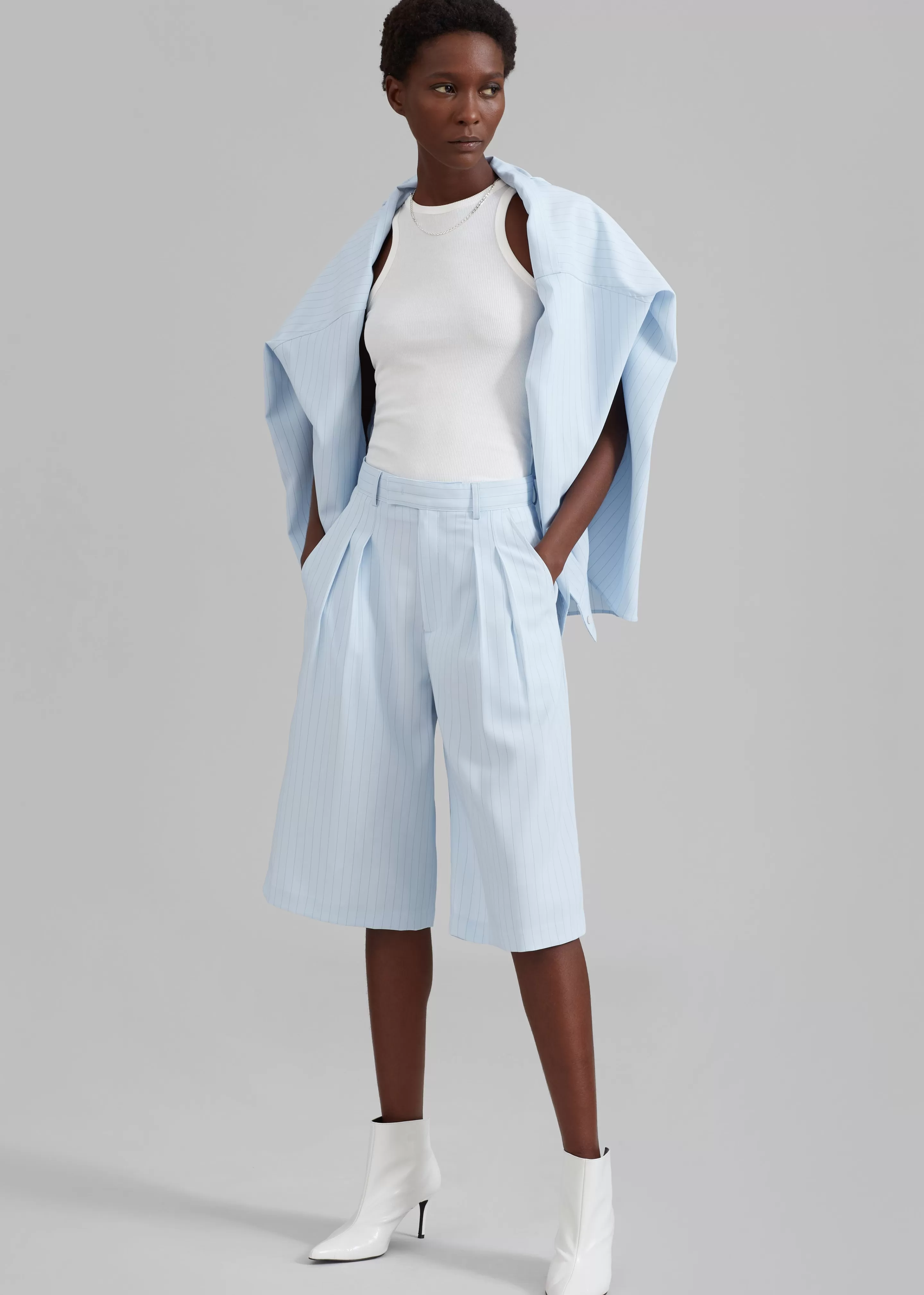 Bottoms | The Frankie Shop Vivian Fluid Pleated Bermuda Shorts Blue Pinstripe