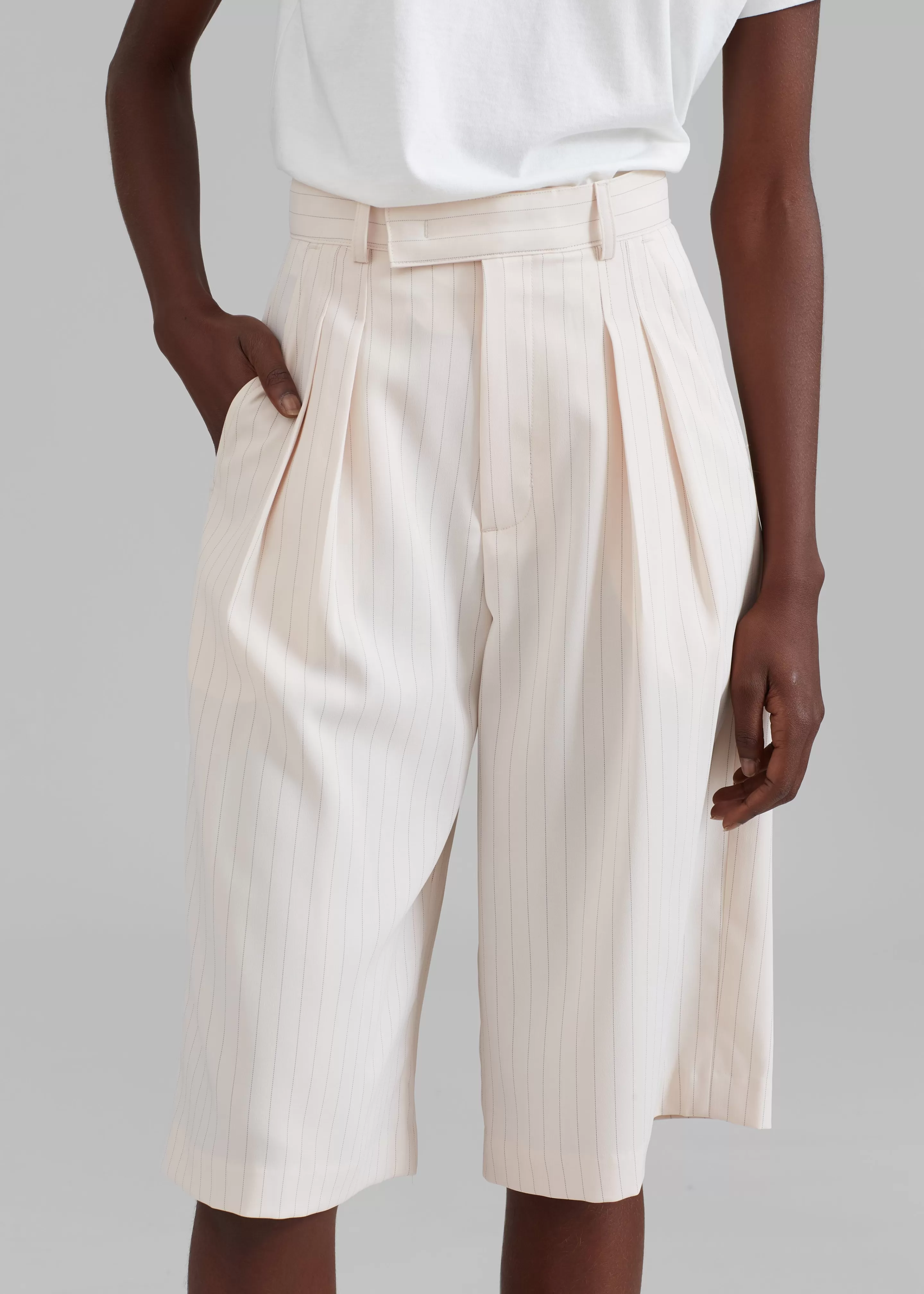 Bottoms | The Frankie Shop Vivian Fluid Pleated Bermuda Shorts Beige Pinstripe